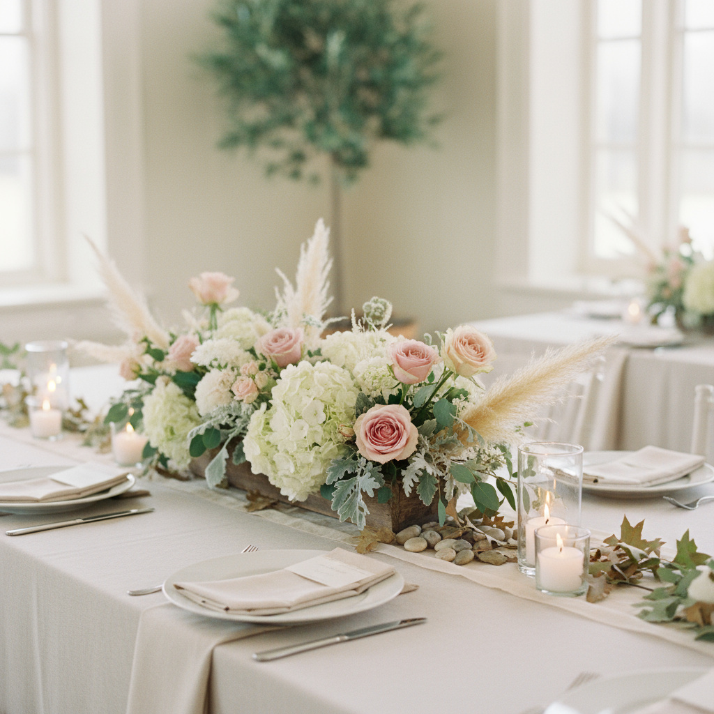 Florales Centerpiece auf gedecktem Tisch