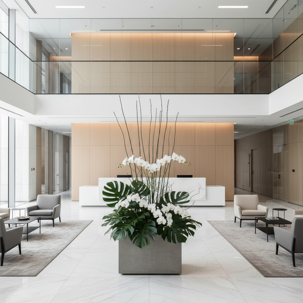 Florales Arrangement in einem modernen Firmenfoyer