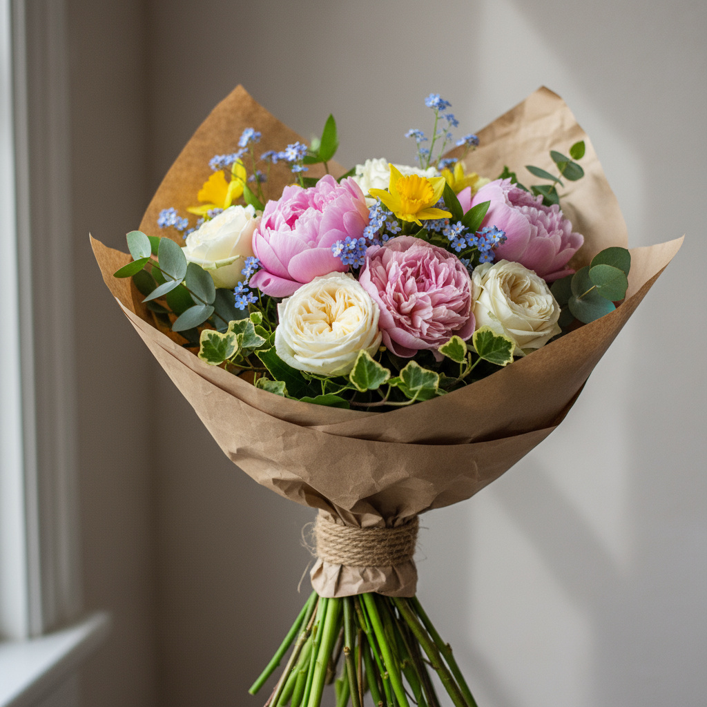 Handgebundener Blumenstrauß in Kraftpapier