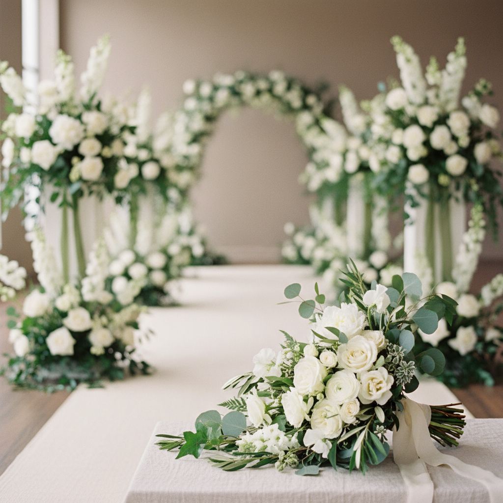 Hochzeitsfloristik mit eleganten Weiß-Grün-Tönen